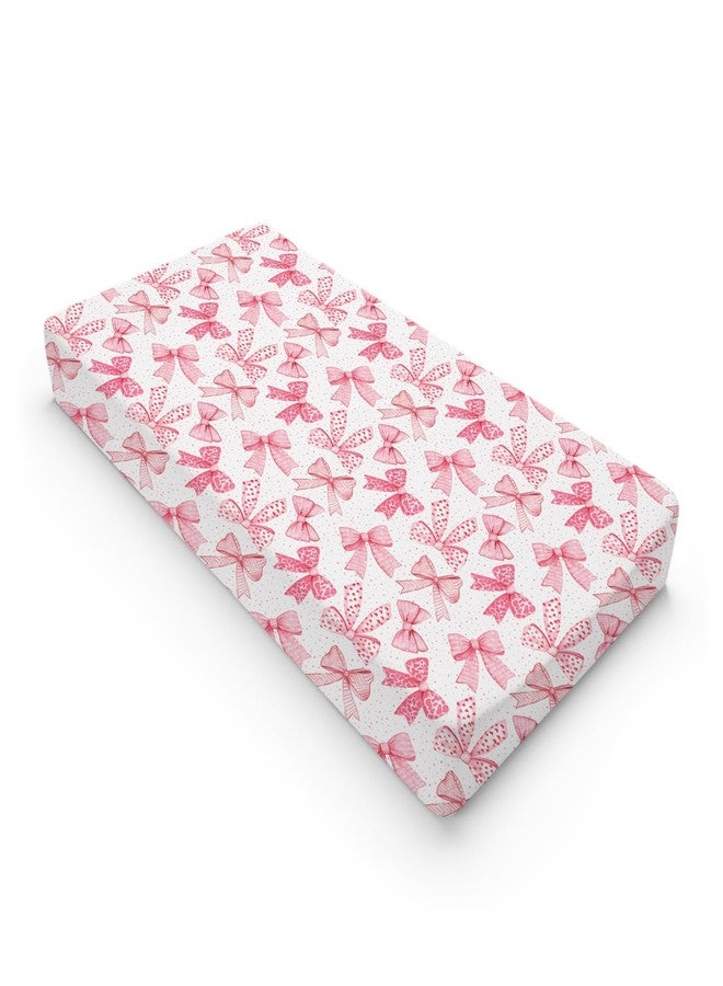 KASTLEE Pink Valentine's Bows Baby Changing Pad Covers for Girls 32''x16'' Girly Pink Hair Bows Fitted Diaper Change Table Pad Mats Valentine Hearts Love Soft Breathable Nursery Cradle & Bassinet Sheets Pink - Image 1